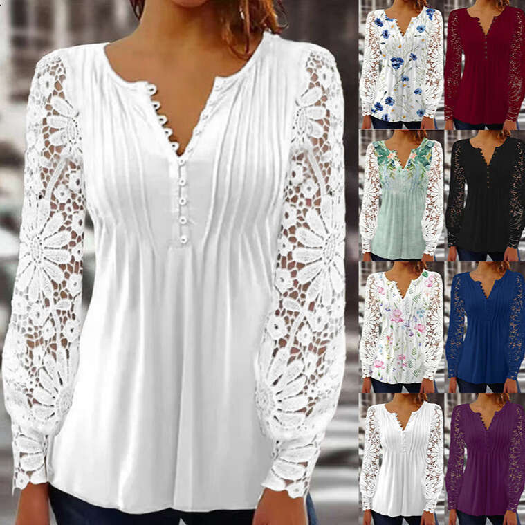 European American Spring and Autumn Women's Lace Sleeves Folded Solid Color Button T-shirt Bottom Shirt 2025 New Casual Versatile Fashion Clothin