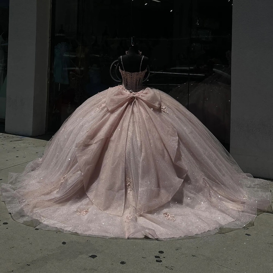 Dust Pink Princess Dresses Prom Ball Gown Bone Bodice Spaghetti Glitter Sequins Vestido De Quinceanera Appliqued 15 Masquerade Dress
