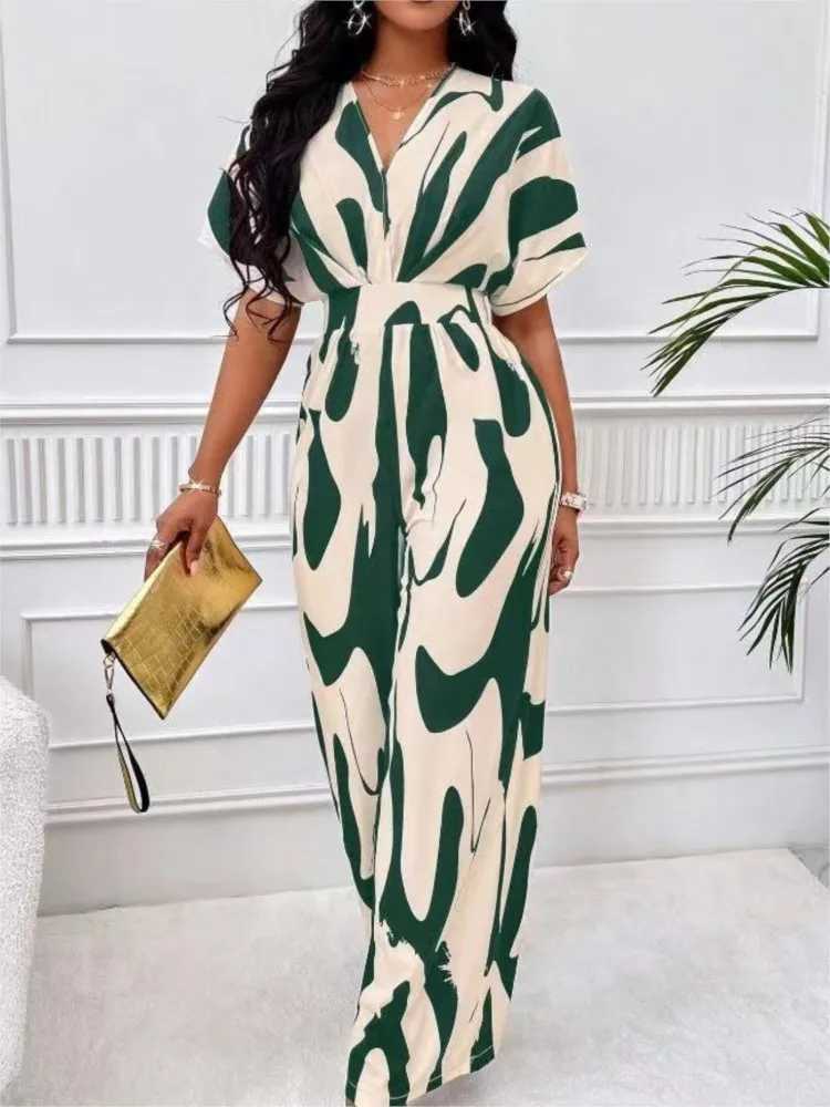 Womens fashionable jumpsuit short sleeved high waisted sexy V-neck printed wide leg pants summer new casual womens dress X2503181