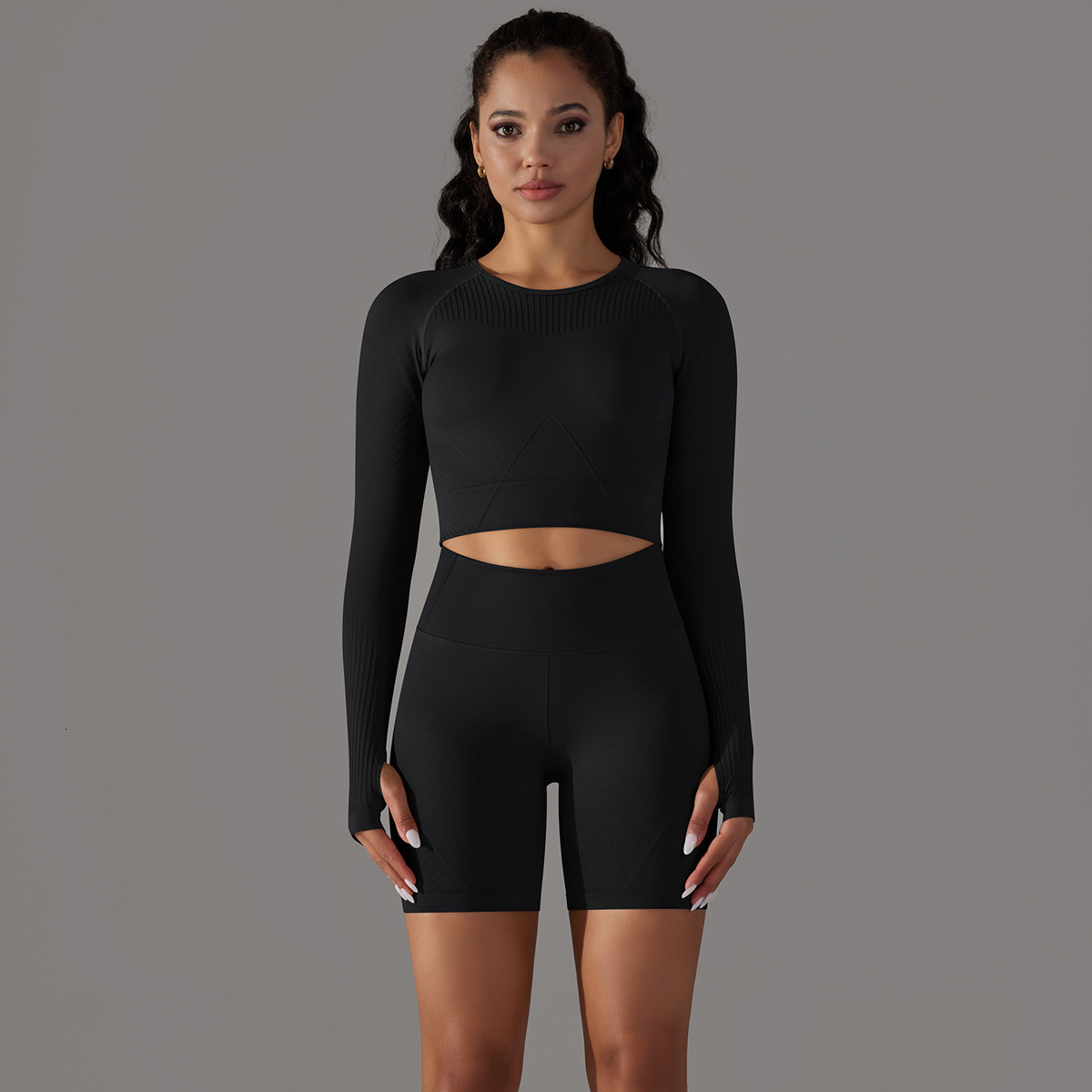tracksuit Seamless Knitted Solid Color Jacquard Sports Yoga Suit Running Fitness Long sleeved T-shirt Two piece Set leggings