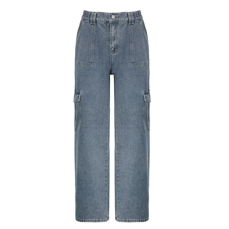 Womens cargo jeans European and American retro loose straight work pants elastic waist patch pocket free delivery 250317