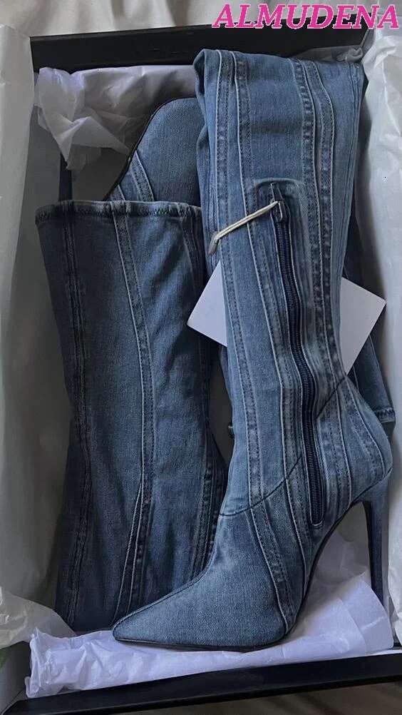 Women Sexy Denim Stiletto Over Knee Pointy Toe Blue Tall Cowboy Boots High Heels Zipper Designer Plus Size Shoes