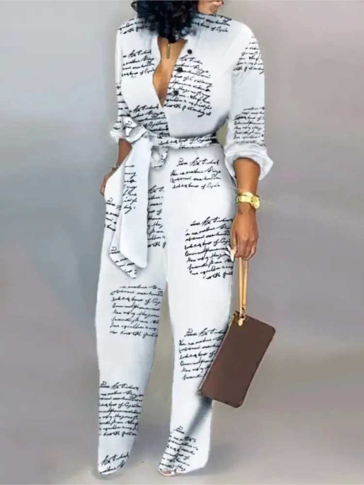 Autumn elegant letter printed lace jumpsuit womens 2025 fashion Dp V-neck one-piece casual jumpsuit X250318