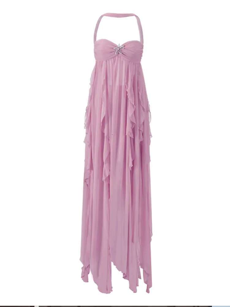 Pink Elegant Strapless Long Dresses Women Sleeveless Backless Off Shoulder Dress 2025 Spring Summer Vacation Ruffles Robes