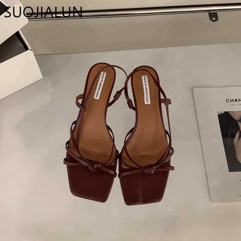 SUOJIALUN 2024 Summer Brand New Sandals Fi Narrowband Womens Elegant Slider Med Heel Outdoor Gladiator Shoes Y250317