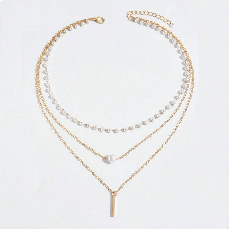 Three Layers Of Imitation Pearl Pendant Necklace Women Fashion Everything Vertical Neckchain Collarbone Chain Jewelry