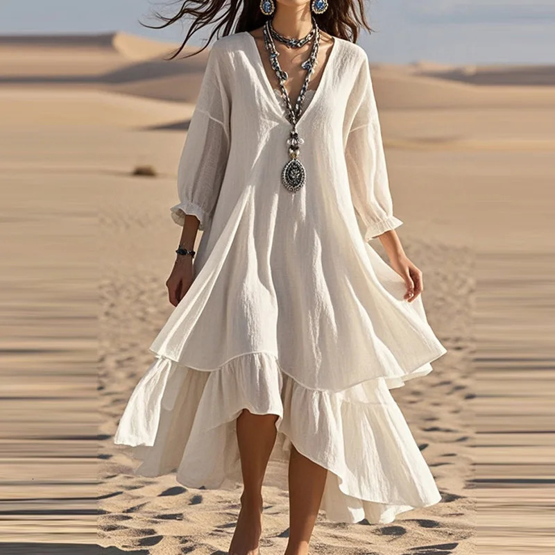 Simple solid color long sleeved desert casual dress elegant womens deep V-hem long dress summer cotton linen loose womens dress 250314