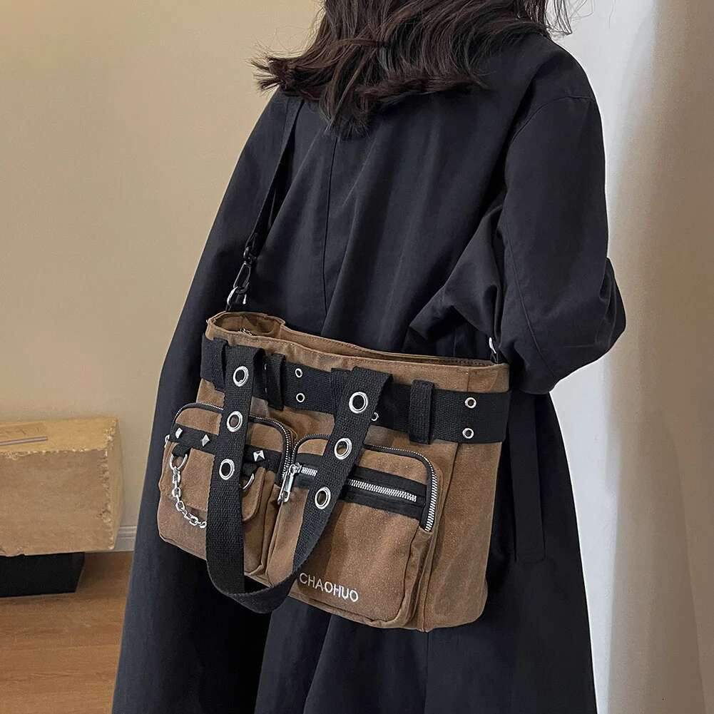 Women Rockabilly Shoulder With Chain Canvas Rivet Tote Handbag Zipper Closure Punk Style Sg Rock Girls Daily Bag