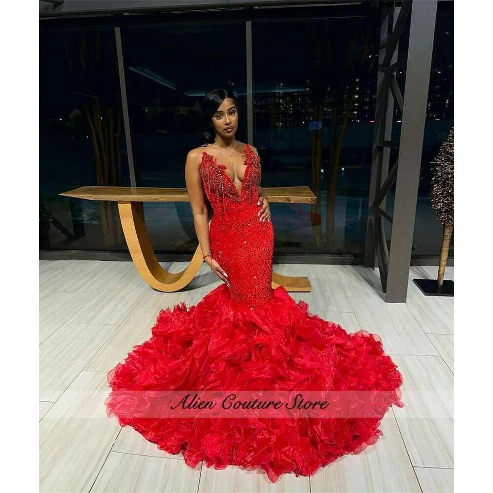 Charming Red Prom Dresses 2025 Sweetheart Beading Dias Ruffles Birthday Party Dress For Black Girls Customized Dr0318