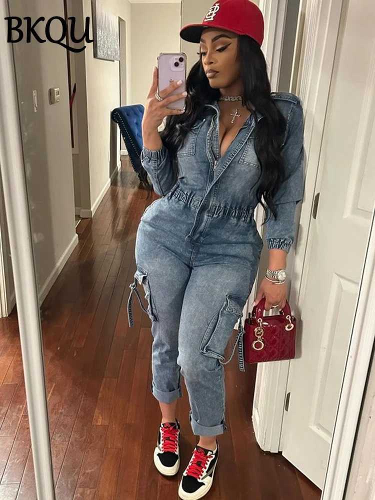 BKQU Denim Cargo Jumpsuit Women Pockets Patchwork Fashion Lapel Zipper Jean Stretch Overalls Playsuit Fall Winter Y2k Strtwear X2503181