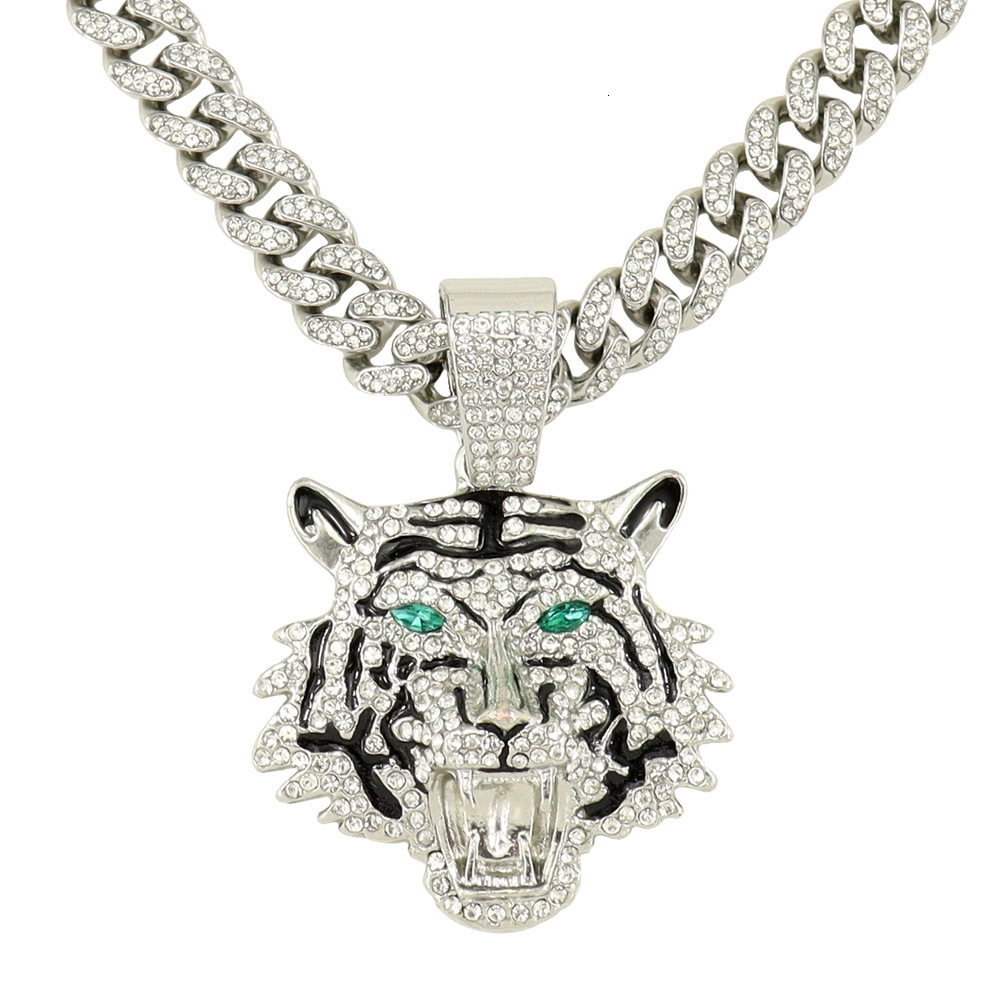 Personalized and trendy 3D full dia green eyes tiger head with encrypted Cuban chain necklace accessories pendant