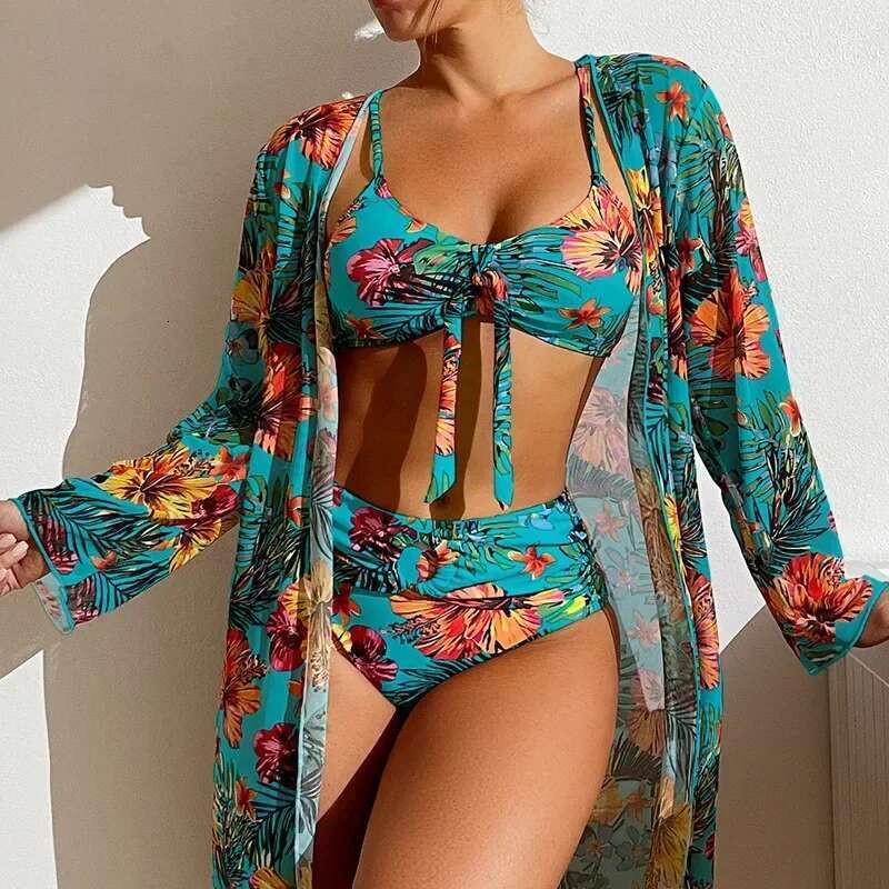 Sexy women's beach bikini three piece bikini set, covered swimsuit, high waisted bikini set, women's swimsuit print