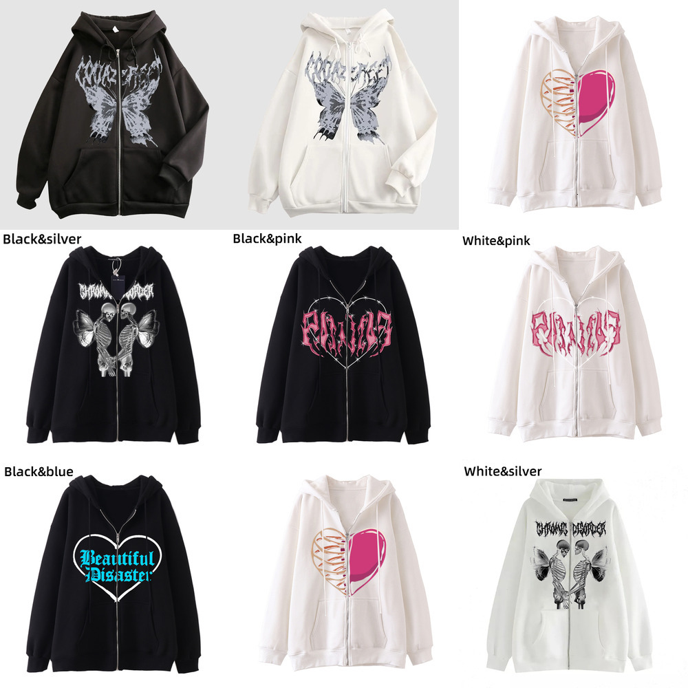 Designer Hoodie Coat Women's Fun Skull Butterfly Patch Zipper Hoodie Loose And Comfortable Oversized Sportswear Girls Long Sleeve Top