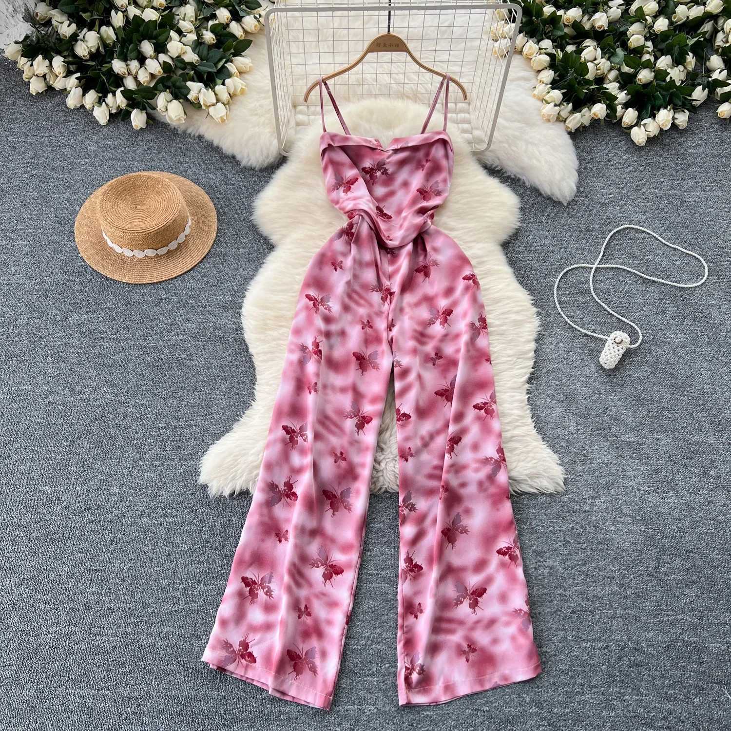 2024 Womens Vacation Fashion jumpsuit Lace spaghetti strap pleated slim fit wide leg beach pants printed summer jumpsuit X250318