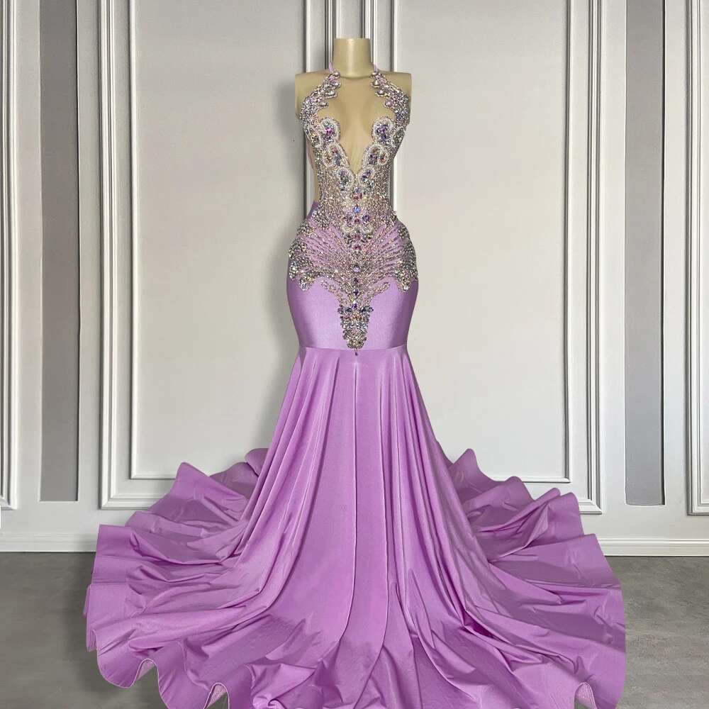 Sparkly Lilac Purple Rhies Long Dress For Black Girl Sexy Mermaid Style Formal Prom Party Gowns 2025 Customized Dr0318
