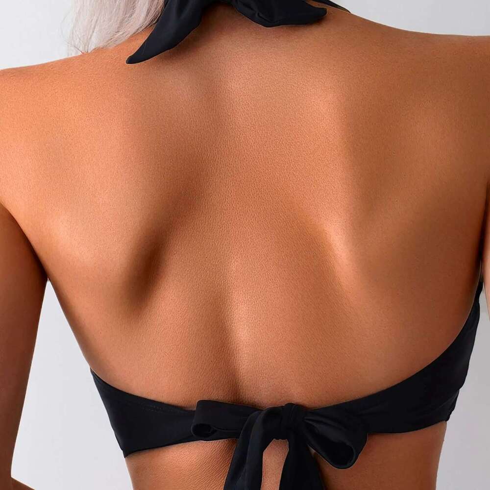 Women's 2-piece swimsuit, white, black, high waisted shoulder straps, bare back, beachwear
