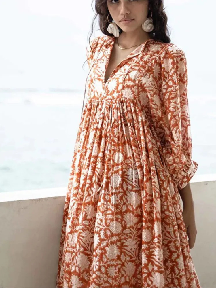 Fashionable retro floral print dress for womens casual loose lantern short sleeved midi dress for summer womens casual vacation vest 250314