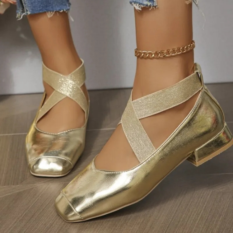 Meotina Women Genuine Leather Mary Janes Square Toe Flat Buckle Shallow Ladies Fashion Career Shoes Spring Autumn Gold Silver 40 250318