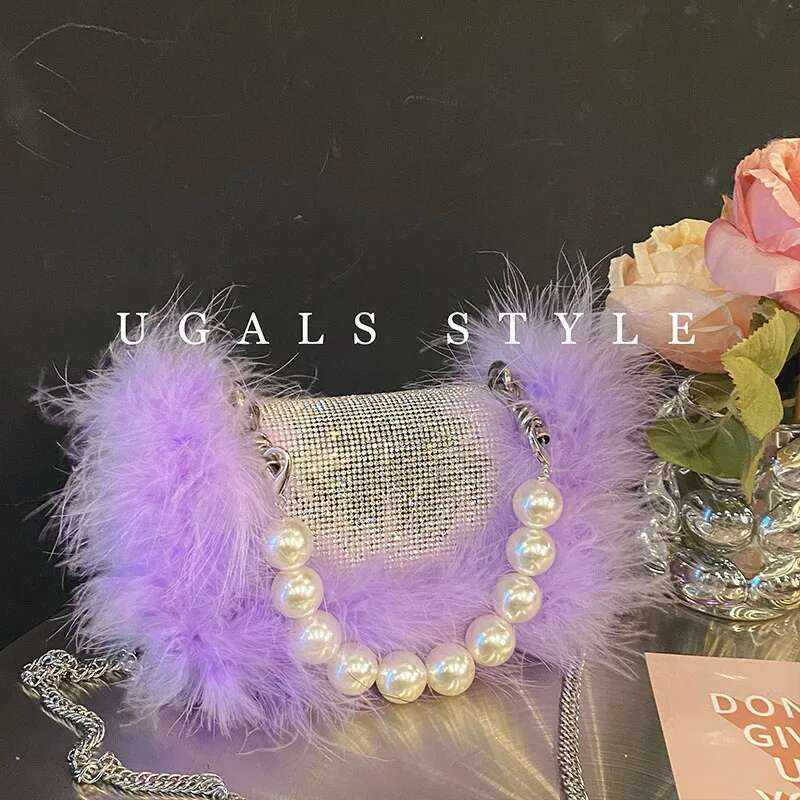 Ostrich Feather Women's Handbag Crystal Shiny Rhies Dia Evening Wedding Party Clutch Purse Shoulder Bag