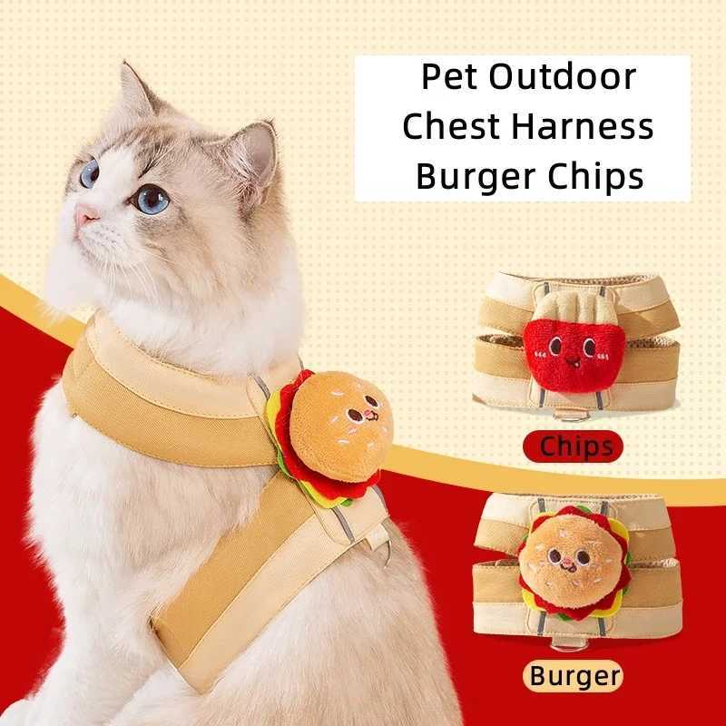 Pet chest harness with rope suitable for cats and dogs cartoon burger chip design walking rope escape vest cat collarT250318