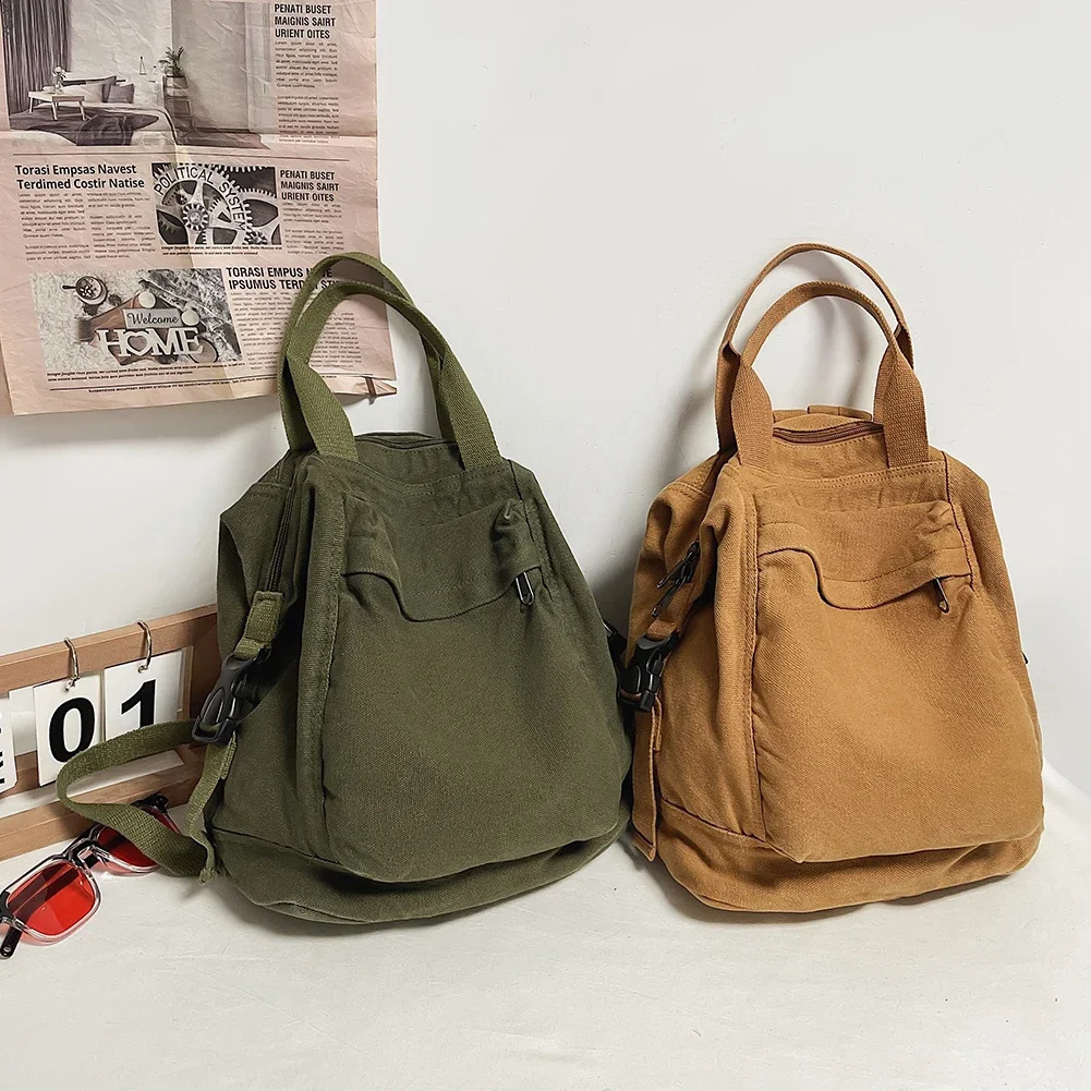 Canvas Backpack Vintage Commuting School Bag Solid Color Student Rucksack Aesthetic Hippie Y2K Backpack for Women Girls 250318
