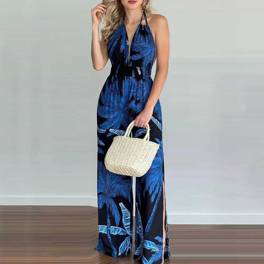 Women Summer Sexy Floral Print Jumpsuits Boho Slveless Backless Wide Leg Long Overalls Rompers Female Loose Overalls Jumpsuit X250318