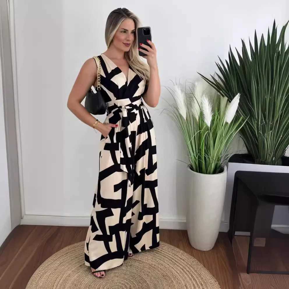 Summer fashion printed jumpsuit womens casual beach style V-neck strapless wide leg jumpsuit women X250318