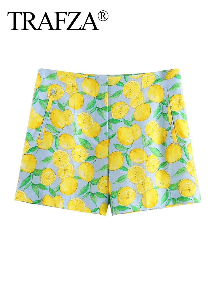TRAFZA Women Yellow Lemon Print Casual Shorts Y2k Woman Fashion Summer High Waist Zipper Slim Shorts For Beach Party 250318
