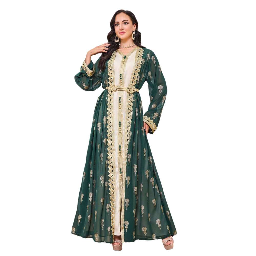Mt029 Arab Clothing Robe Embroidered Cardigan Vest Two-Piece Set Dress