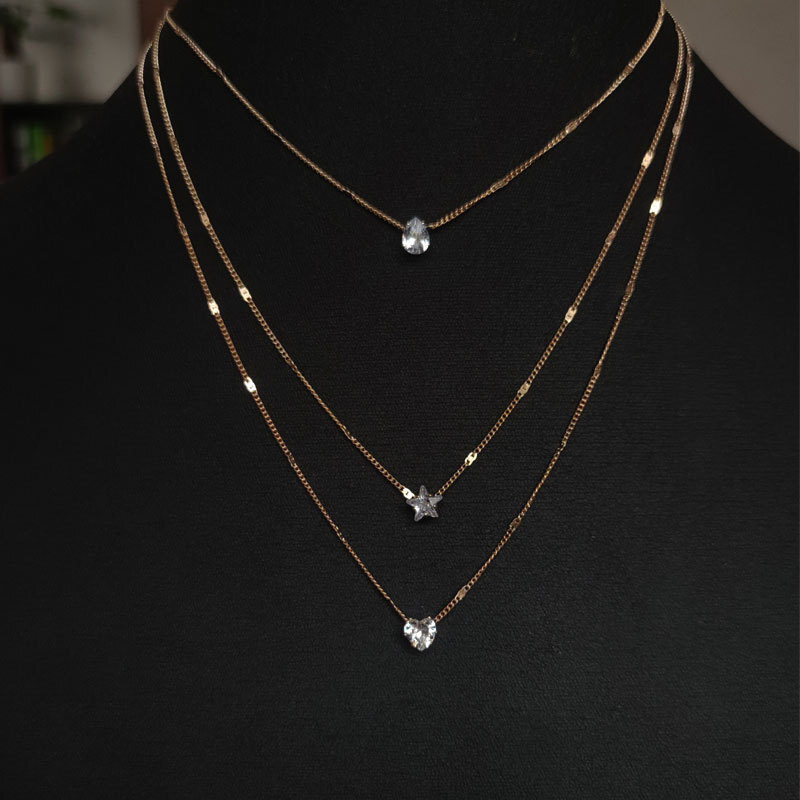 Water Drop Stars Love Three Layer Necklace Female Crystal Zircon Pendant Choker Collarbone Chain