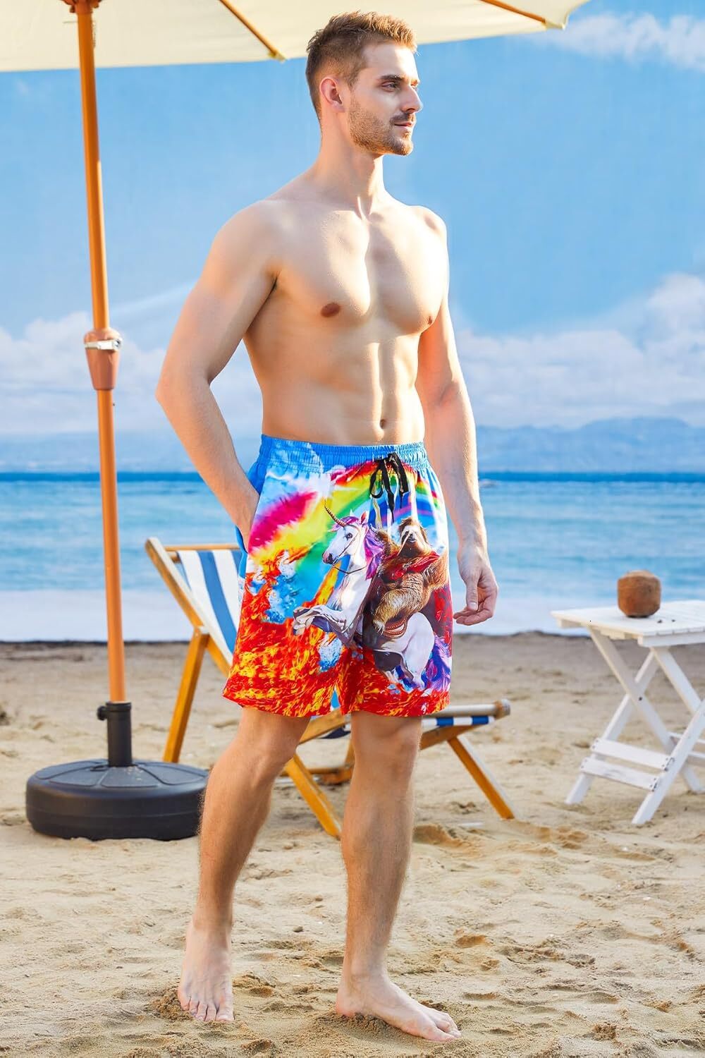 Men Swim Trunks Drawstring Elastic Waist Quick Dry Beach Shorts Swimwear Bathing Suits Fashionable printed shorts