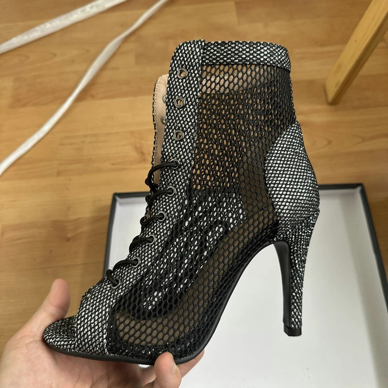 Sexy High Heels Hollow Mesh Sandals Summer Fashion Trend Comfort Peep Toe Boots Stilettos Jazz Dance Female Shoes Plus Size 250317