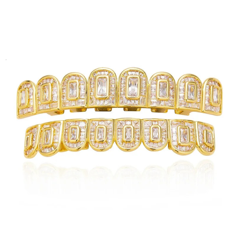 Hip Hop Iced Out T Square Zircon Tooth 8/8 for Men Body Piercing Jewelry Gold Plated Cubic Zirconia Teeth Grills Cap Set 250318