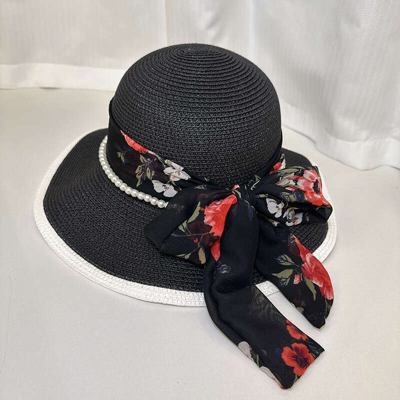 New Chinese style China-Chic ribbon big brim sunscreen straw for women fashionable breathable wave edge sunshade beach hat tide