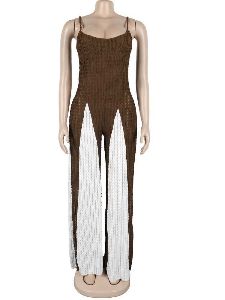 Beyprern womens patch work spaghetti shoulder strap knit wide leg jumpsuit one-piece set nightclub womens exercise set X250318