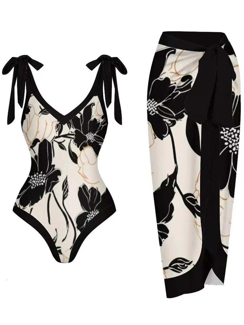 Vintage V Neck Swimsuit With Beach Dress Women One Piece Print Swimwear Female Bathing Swimming Suit Summer Wear sxl 250314