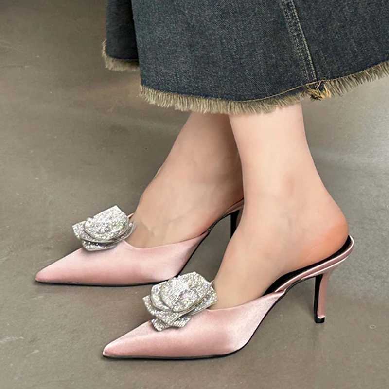Eilyken Designer CRYSTAL Flower Silk Pointed To Wen Slippers Fi Thin H Party Dress Womens Me Shoes Y250317