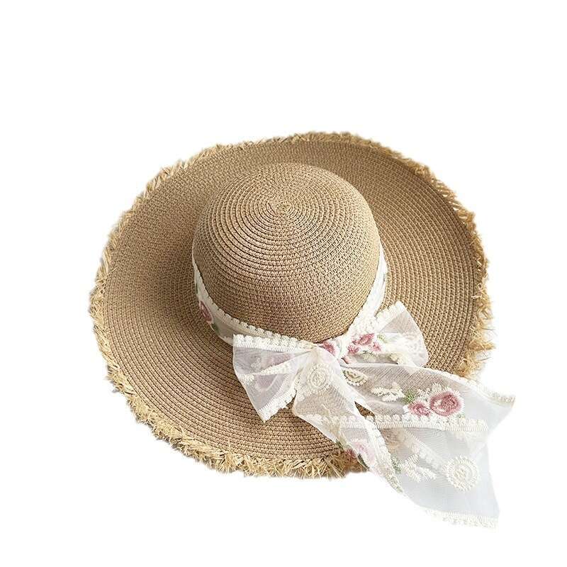 New Embroidered Lace for Women, Summer Straw Weaving Large Edge Outdoor Travel Sunscreen Hat, Seaside Beach Hat