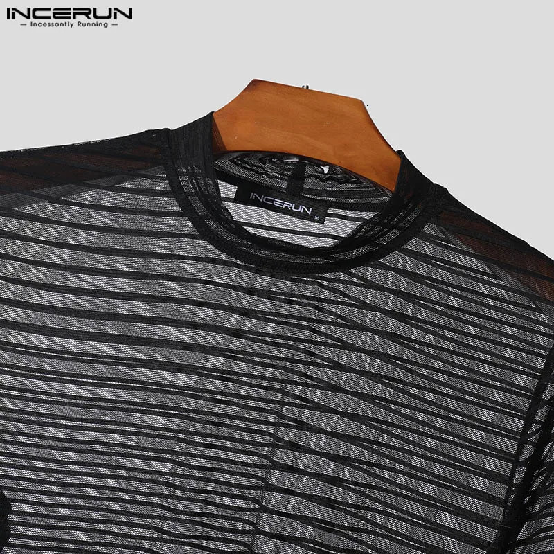 INCERUN Summer Short Sleeve Men T-Shirts Round Neck Short Sleeve Mesh Striped T Shirts Chemise Oversize Men Clothing S-5XL 250318