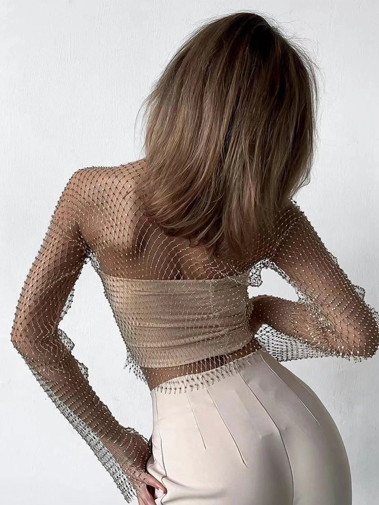 Women Sexy Mesh See Through T Shirt Shiny Rhinestone Fishnet Hollow Out Crop Top Long Sleeve Beach Cover Up Party Club Tank Tops 250318