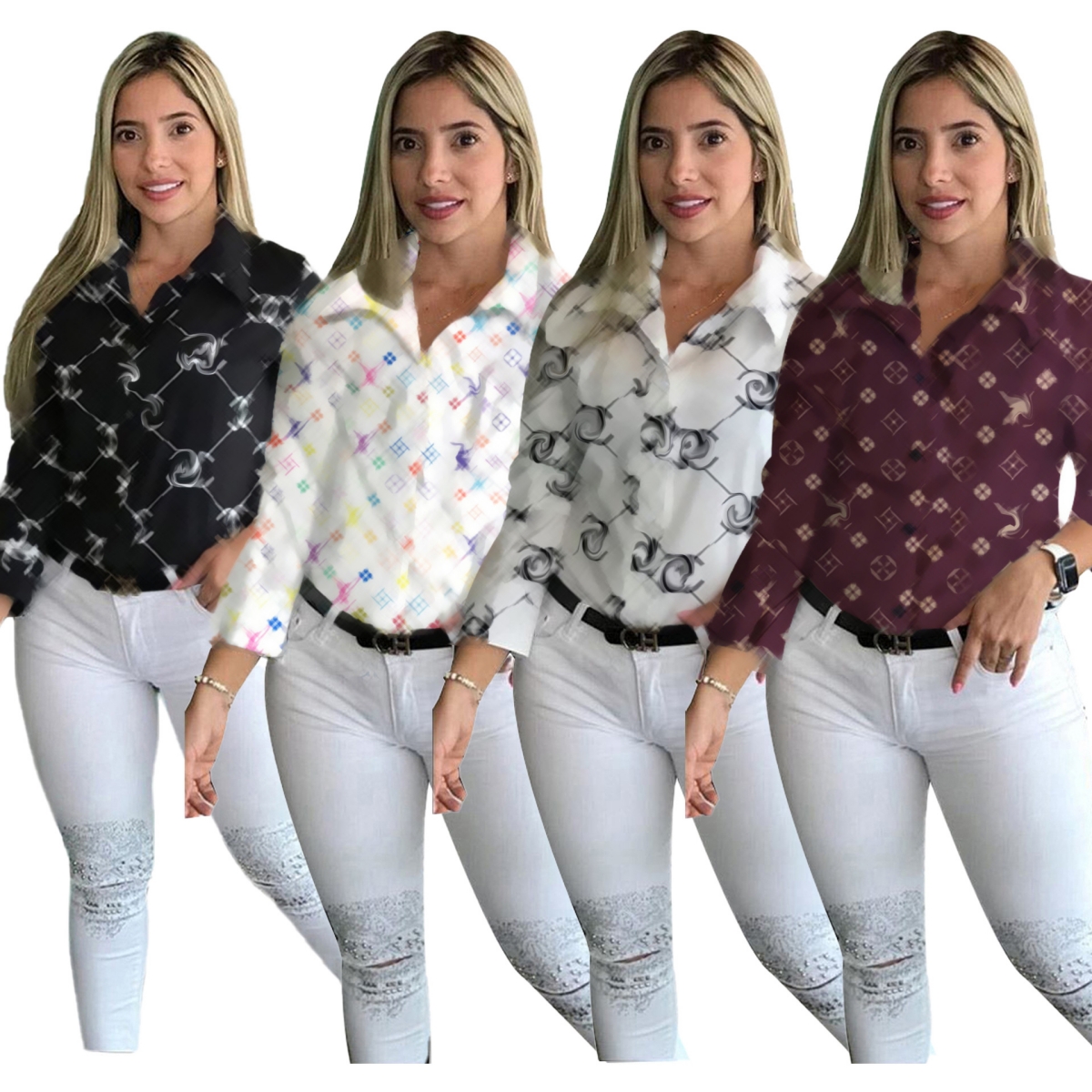 Women Blouse Shirts Designer Print Shirt Tops Long Sleeve Slim Fit Shirt Free Ship