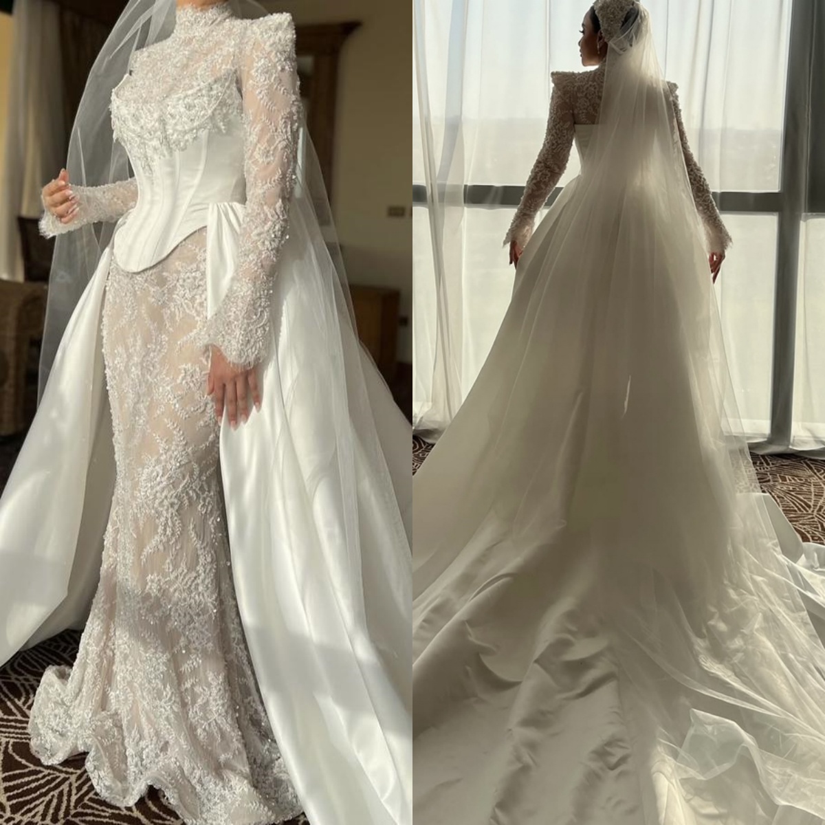 Elegant Wedding Dresses Appliques Beaded Mermaid Bridal Gowns Detachable Train Long Sleeve High Neck Custom Made Illusion Bride Dress Vestidos De Novi