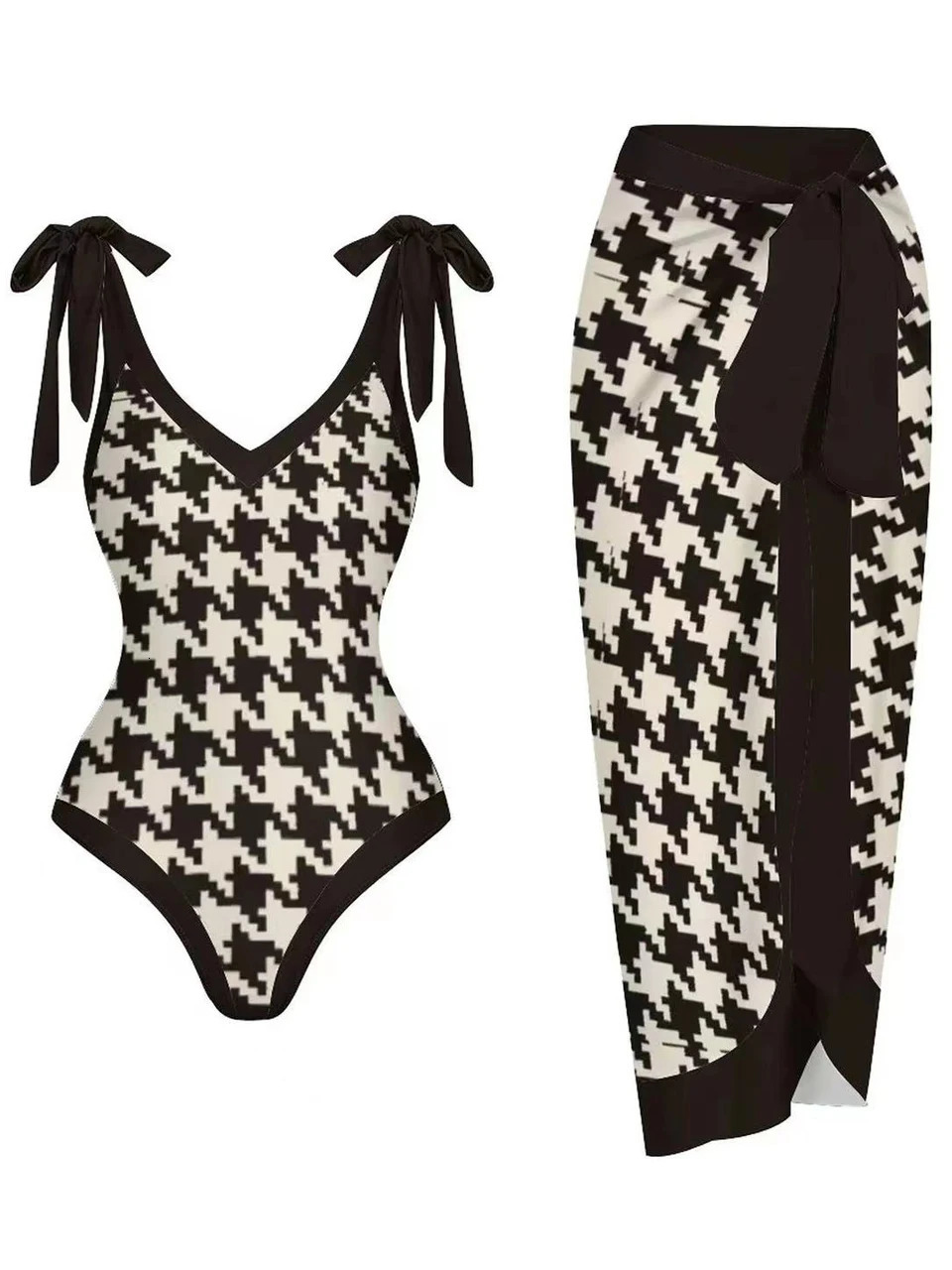 Vintage V Neck Swimsuit With Beach Dress Women One Piece Print Swimwear Female Bathing Swimming Suit Summer Wear sxl 250314