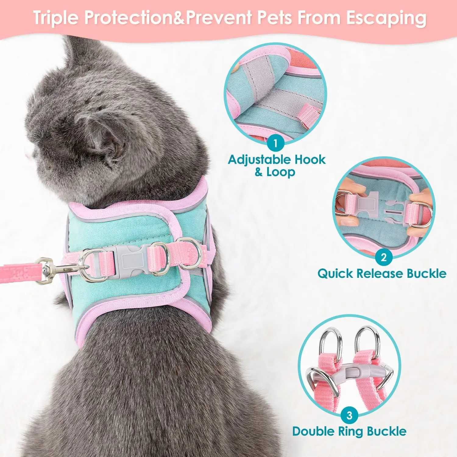 Small pet vest style reflective harness set suitable for night cats with adjustable harness and pet belt setT250318