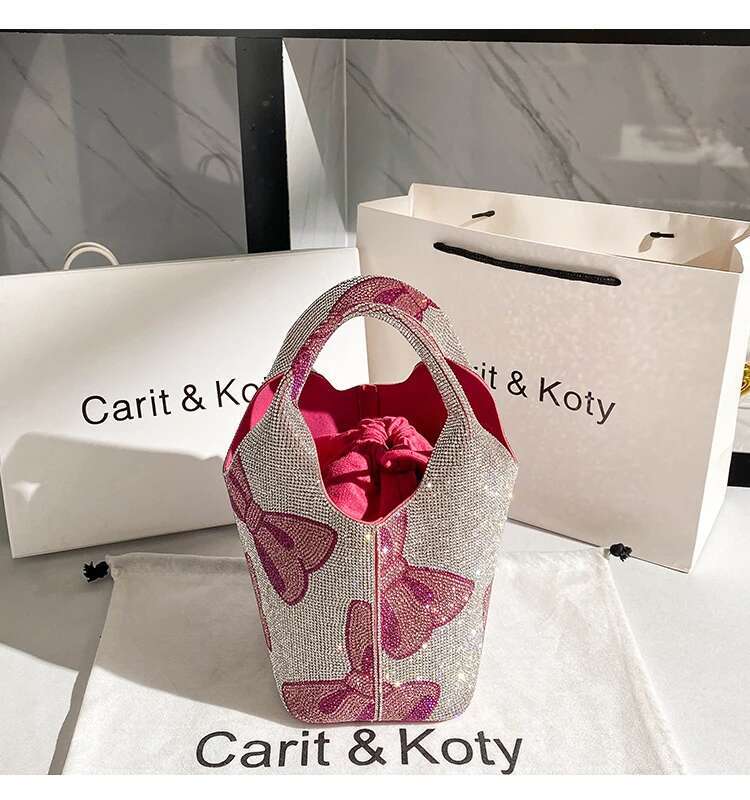Glitter Shiny Rhie Dia Evening Fashion Clutch Purse Pink Bow Knot Printing Bucket Women's Handbag Shoulder Bag