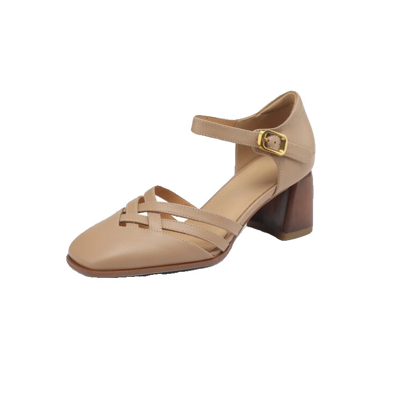 Summer New NEW Leather for Women Cover Shoes Square Toe Low Heel Concise Designer Sandals 492e
