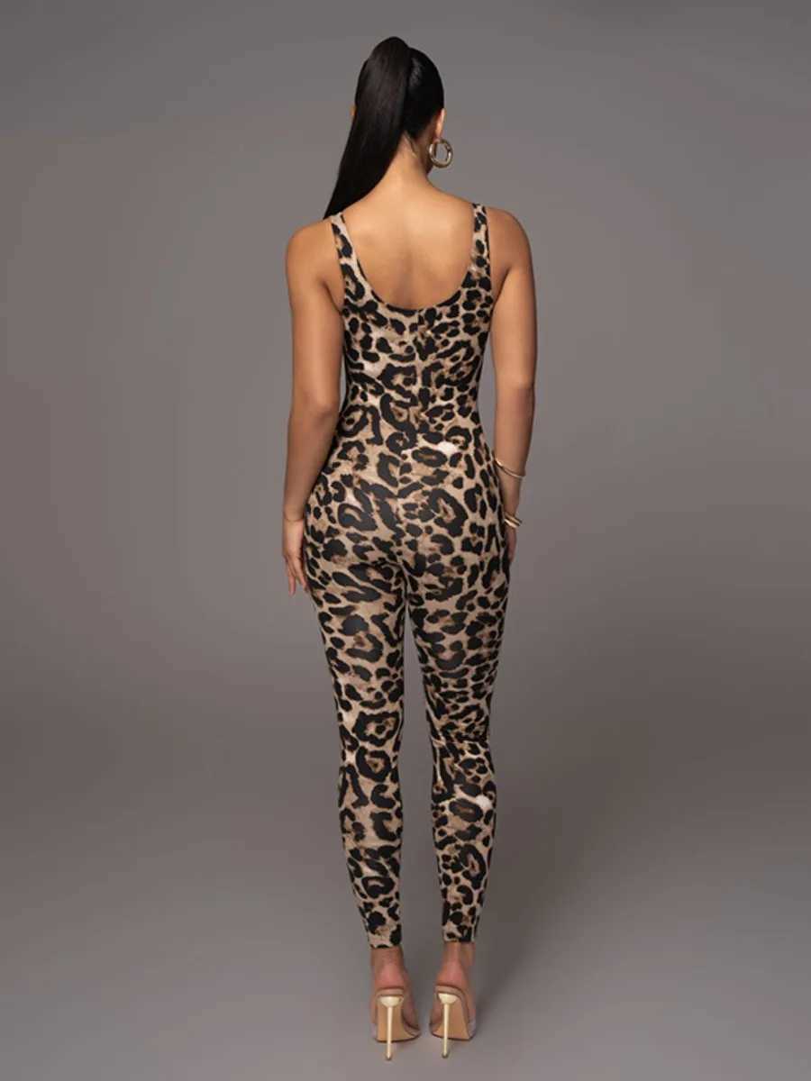 Gymdolphin womens sexy leopard print tight fitting nightclub jumpsuit spaghetti neck clothing workwear womens club clothing X250318