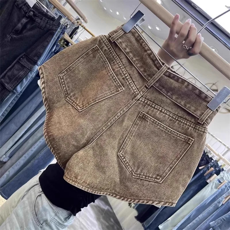 Retro Brown Shorts with A Cut Waistband High Waist Personalized Fashion Wide Leg Pants Shorts Women 250318
