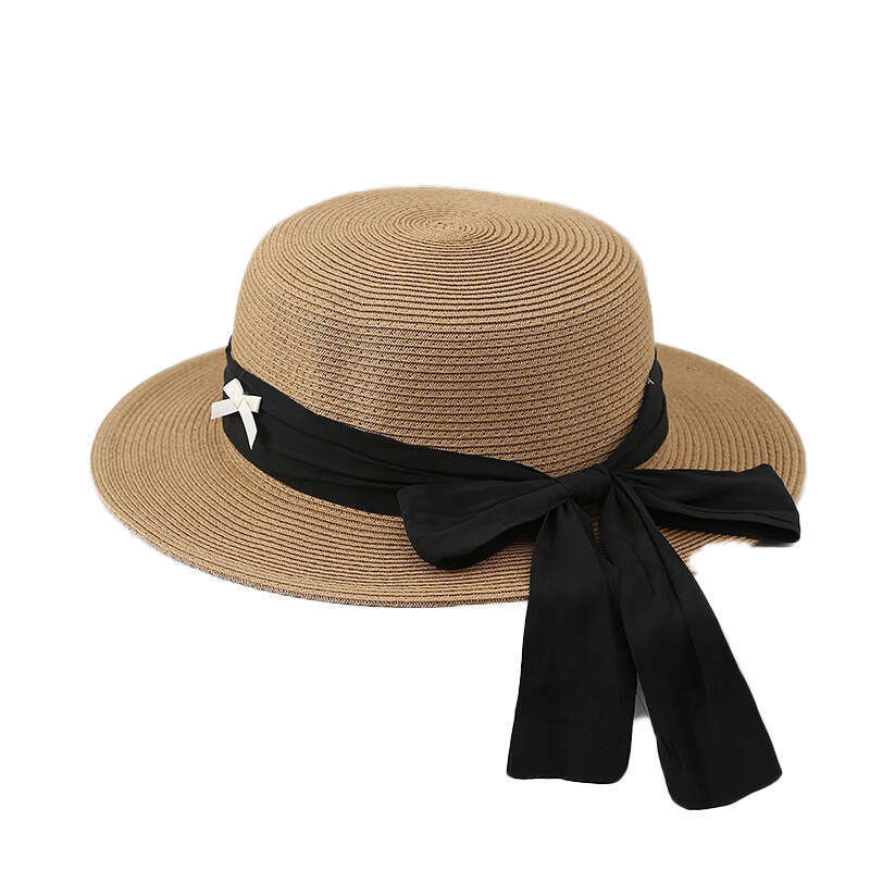 Summer fresh bow big ribbon flat top straw ins women's beach outdoor wide eave sunshade hat