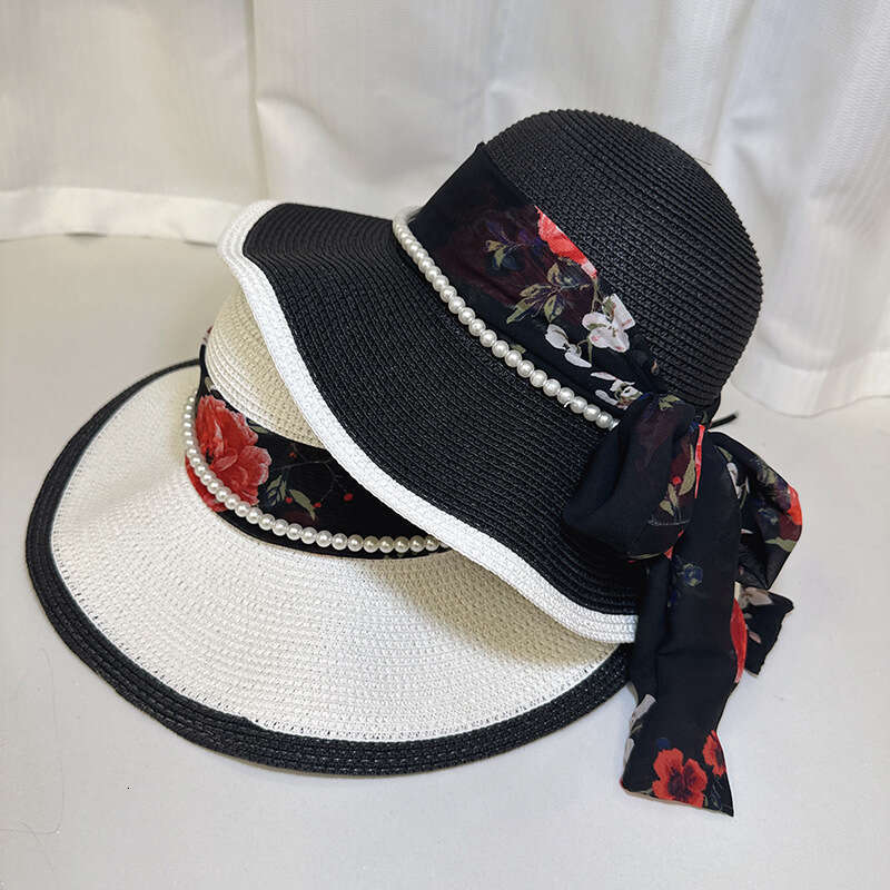 New Chinese style China-Chic ribbon big brim sunscreen straw for women fashionable breathable wave edge sunshade beach hat tide